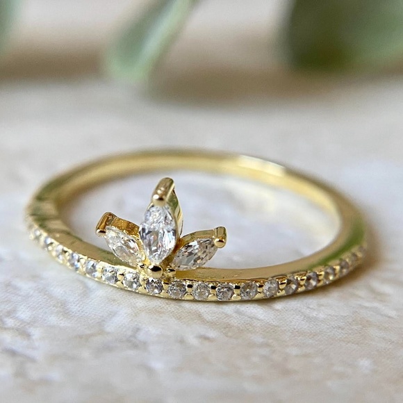 Dainty Lotus Flower 14k Gold Plated Ring Minimal Stacking Ring 925 Sterling Silv - Picture 2 of 4